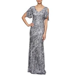 Alex Evening Petite Long V-Neck A-Line Sequin Dress Cold Shoulder